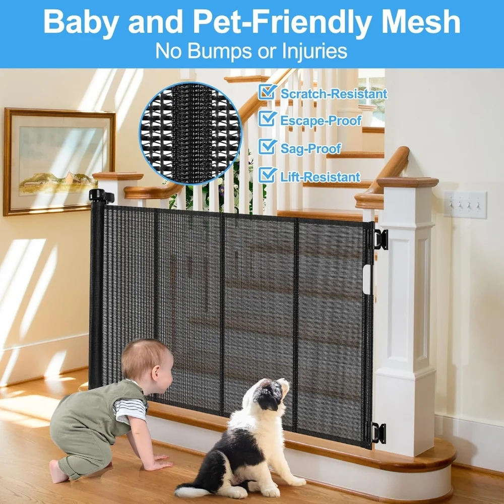 Enhanced 55-Inch Retractable Dog Gate for Stairs, Retractable Baby Gates for Doo